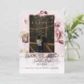 Elegant Romantic Floral Rozen Script Heart Foto Save The Date (Staand voorkant)
