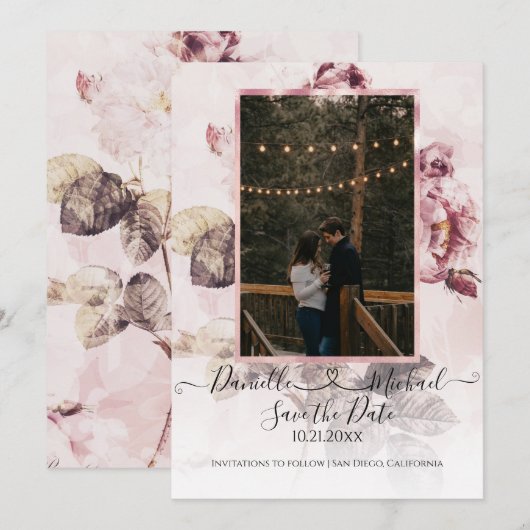 Elegant Romantic Floral Rozen Script Heart Foto Save The Date (Voorkant / Achterkant)