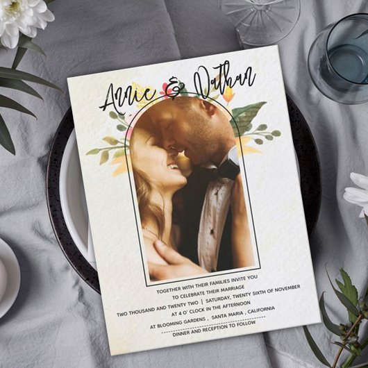 Elegant Romantic Floral Script Arch Photo Weddensc Briefkaart