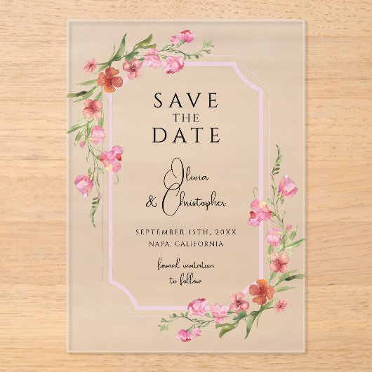 Elegant Romantic Floral slaat de datum op Acryl Uitnodigingen (Voorkant)