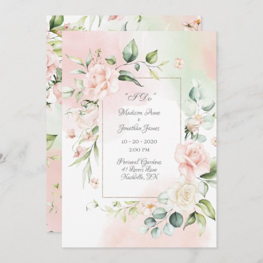 Elegant Romantic Floral Waterverf Script Wedding Kaart (Voorkant / Achterkant)