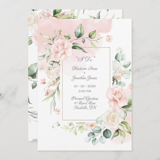 Elegant Romantic Floral Waterverf Script Wedding Kaart (Voorkant / Achterkant)