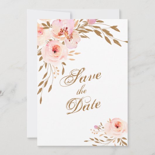 Elegant Romantic Gold Pink Blush Waterverf Floral Save The Date (Voorkant)