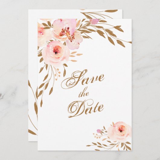 Elegant Romantic Gold Pink Blush Waterverf Floral Save The Date (Voorkant / Achterkant)