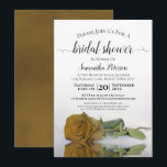 Elegant Romantic Golden Roos Vrijgezellenfeest Kaart<br><div class="desc">Deze prachtige bruiddoucheuitnodiging bevat een foto van een enkel langgestammeerd goud of geel gekleurd roos dat op zijn kant reflecteert in een pool van water met golven en rimpels. De elegante titel van de manuscriptkalligrafie leent klasse en stijl. Omvat informatie over zowel de douche als het cadeauregister. De perfecte manier...</div>