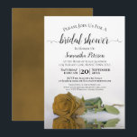 Elegant Romantic Golden Roos Vrijgezellenfeest Kaart<br><div class="desc">Deze prachtige bruiddoucheuitnodiging bevat een foto van een enkel langgestammeerd goud of geel gekleurd roos dat op zijn kant reflecteert in een pool van water met golven en rimpels. De elegante titel van de manuscriptkalligrafie leent klasse en stijl. Omvat informatie over zowel de douche als het cadeauregister. De perfecte manier...</div>