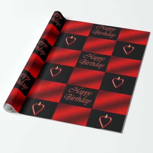 Elegant Romantic Happy Birthday Red & Black Heart Cadeaupapier (Uitgerold)
