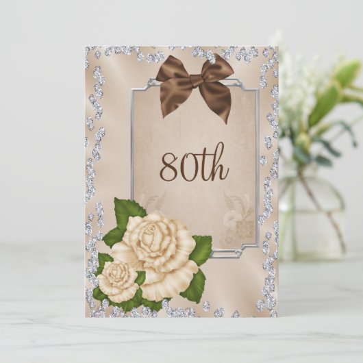 Elegant Romantic Ivory Rozen & Bows 80th Kaart (Staand voorkant)