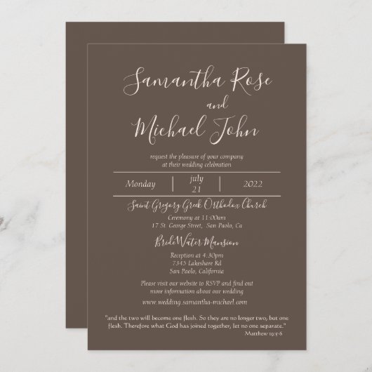 Elegant Romantic Ivory Scripts Cedar Brown Wedding Kaart (Voorkant / Achterkant)