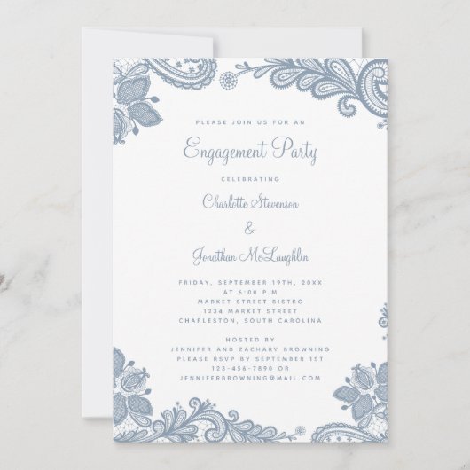 Elegant Romantic Lace Engagement Party Dusty Blue Kaart (Voorkant)