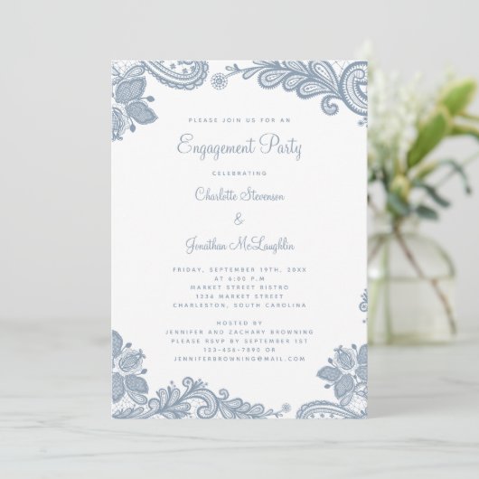 Elegant Romantic Lace Engagement Party Dusty Blue Kaart (Staand voorkant)