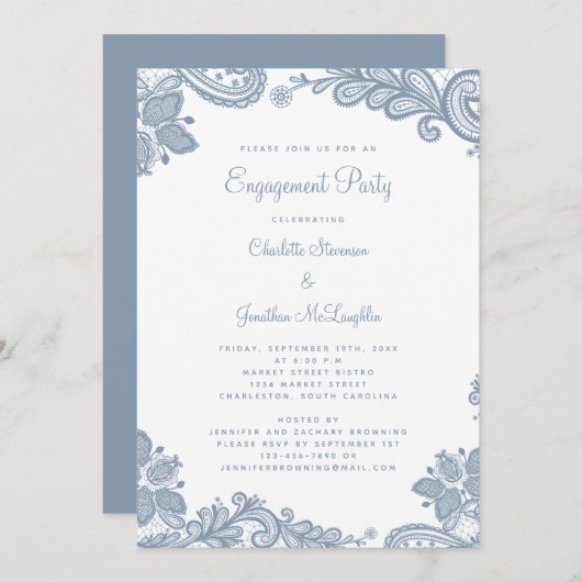Elegant Romantic Lace Engagement Party Dusty Blue Kaart (Voorkant / Achterkant)