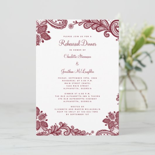 Elegant Romantic Lace Red Wedding Rehearsal Dinner Kaart (Staand voorkant)