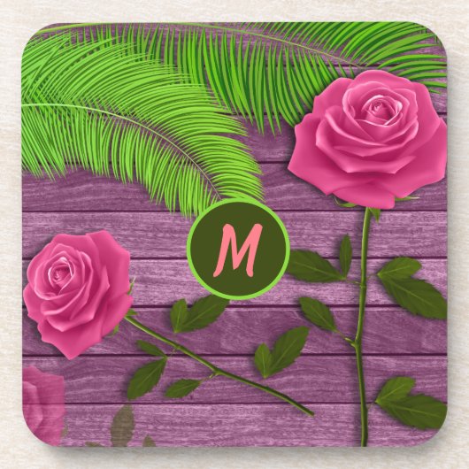 Elegant & Romantic Monogram Roze Roses Wood BG Bier Onderzetter (Voorkant)