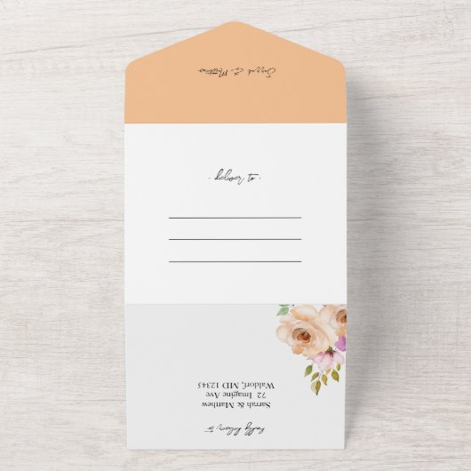 Elegant Romantic Paars Peach Waterverf Flowers All In One Uitnodiging (Buitenkant)