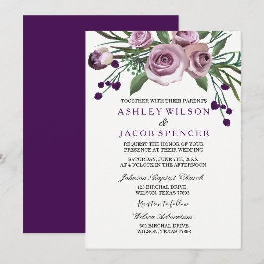 Elegant Romantic Paars Roos Floral Wedding Invite Kaart (Voorkant / Achterkant)