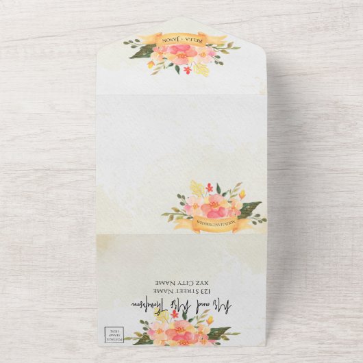 Elegant Romantic Peach Floral Monogram Weddenschap All In One Uitnodiging (Buitenkant)