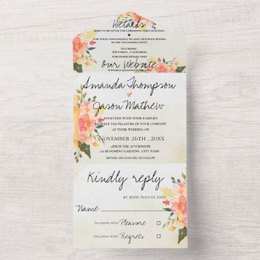 Elegant Romantic Peach Floral Monogram Weddenschap All In One Uitnodiging (Binnen)