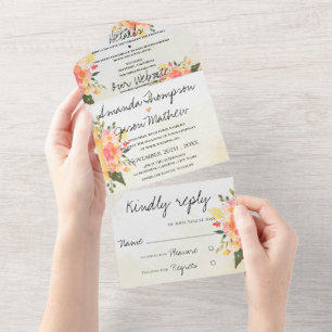 Elegant Romantic Peach Floral Monogram Weddenschap All In One Uitnodiging