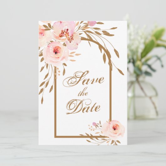 Elegant Romantic Pink Blush Gold Floral Save The Date (Staand voorkant)