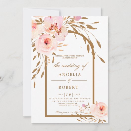 Elegant Romantic Pink Blush Gold Floral Wedding Kaart (Voorkant)