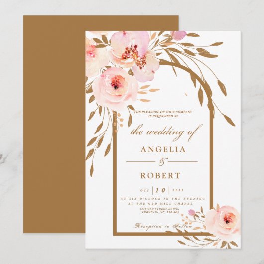 Elegant Romantic Pink Blush Gold Floral Wedding Kaart (Voorkant / Achterkant)