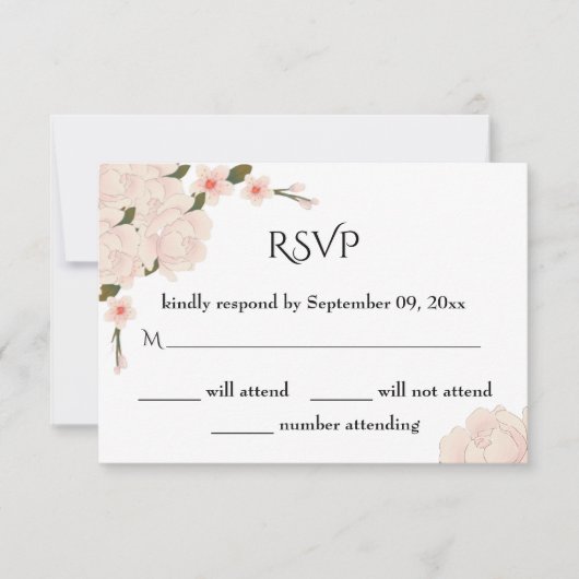 Elegant Romantic Pink Floral Blossom Wedding RSVP Kaartje (Voorkant)