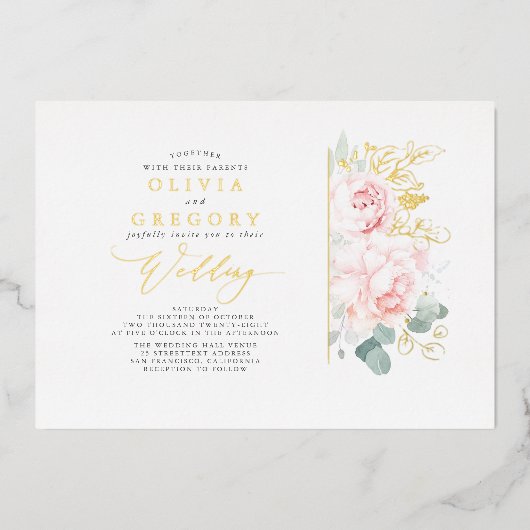 Elegant Romantic Pink Flowers and Greenery Wedding Folie Uitnodiging (Voorkant)