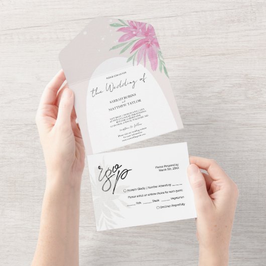 Elegant Romantic Pink Lace Flowers All In One Uitnodiging (Afscheurbaar)