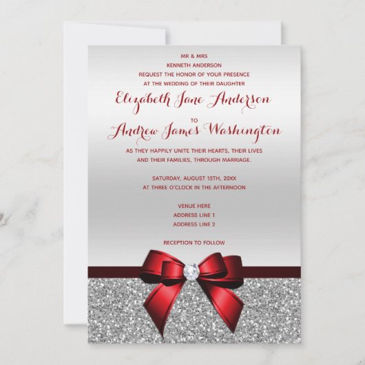 Elegant Romantic Red Bow & Silver Glitter Wedding Kaart (Voorkant)