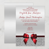 Elegant Romantic Red Bow & Silver Glitter Wedding Kaart (Voorkant / Achterkant)