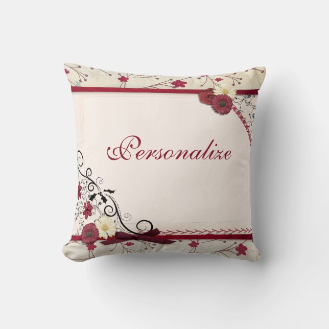 Elegant Romantic Red Floral Border Personaliseren Kussen (Voorkant)