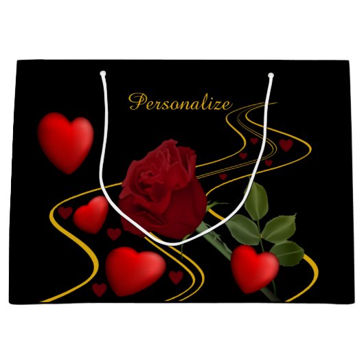 Elegant Romantic Red Hearts Roos Gold Ribbon Groot Cadeauzakje (Voorkant)