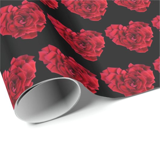 Elegant Romantic Red Rose Heart Pattern Black Cadeaupapier (Rol Hoek)