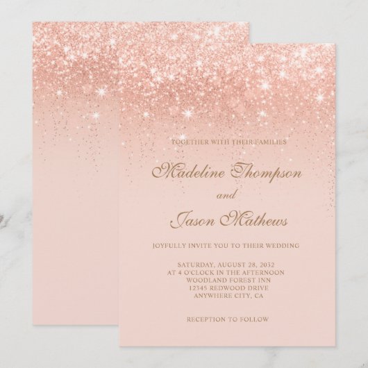 Elegant Romantic Roos Gold Sparging Wedding Kaart (Voorkant / Achterkant)