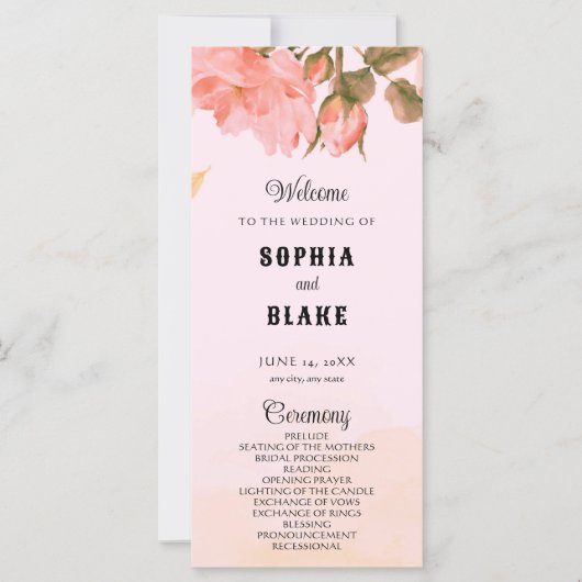 Elegant Romantic Roses Pink Wedding Programme (Voorkant)