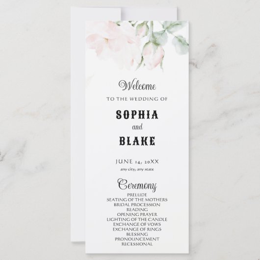Elegant Romantic Roses White Wedding Programme (Voorkant)