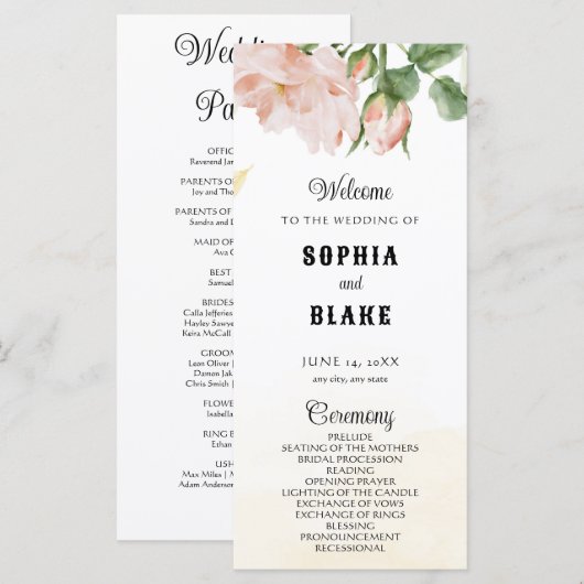 Elegant Romantic Roses Yellow Wedding Programme (Voorkant / Achterkant)