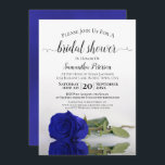 Elegant Romantic Royal Blue Roos Vrijgezellenfeest Kaart<br><div class="desc">Deze prachtige bruiddoucheuitnodiging bevat een foto van één enkel royal blauw met lange steeltjes of kobalt gekleurd roos dat op zijn kant reflecteert in een pool van water met golven en rimpels. De elegante titel van de manuscriptkalligrafie leent klasse en stijl. Omvat informatie over zowel de douche als het cadeauregister....</div>