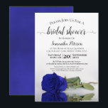Elegant Romantic Royal Blue Roos Vrijgezellenfeest Kaart<br><div class="desc">Deze prachtige bruiddoucheuitnodiging bevat een foto van één enkel royal blauw met lange steeltjes of kobalt gekleurd roos dat op zijn kant reflecteert in een pool van water met golven en rimpels. De elegante titel van de manuscriptkalligrafie leent klasse en stijl. Omvat informatie over zowel de douche als het cadeauregister....</div>