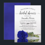 Elegant Romantic Royal Blue Roos Vrijgezellenfeest Kaart<br><div class="desc">Deze prachtige bruiddoucheuitnodiging bevat een foto van één enkel royal blauw met lange steeltjes of kobalt gekleurd roos dat op zijn kant reflecteert in een pool van water met golven en rimpels. De elegante titel van de manuscriptkalligrafie leent klasse en stijl. Omvat informatie over zowel de douche als het cadeauregister....</div>