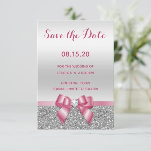 Elegant Romantic roze bow & zilver Glitter Wedding Save The Date (Staand voorkant)
