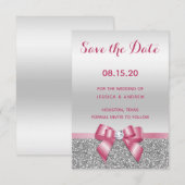 Elegant Romantic roze bow & zilver Glitter Wedding Save The Date (Voorkant / Achterkant)