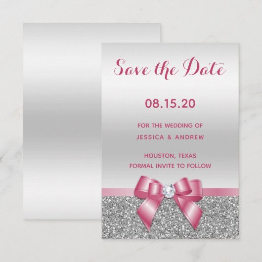 Elegant Romantic roze bow & zilver Glitter Wedding Save The Date (Voorkant / Achterkant)