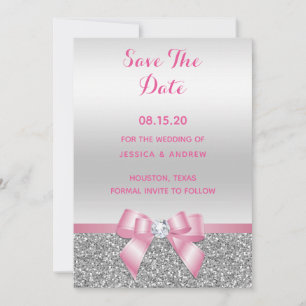 Elegant Romantic roze bow & zilver Glitter Wedding Save The Date