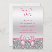 Elegant Romantic roze bow & zilver Glitter Wedding Save The Date (Voorkant)