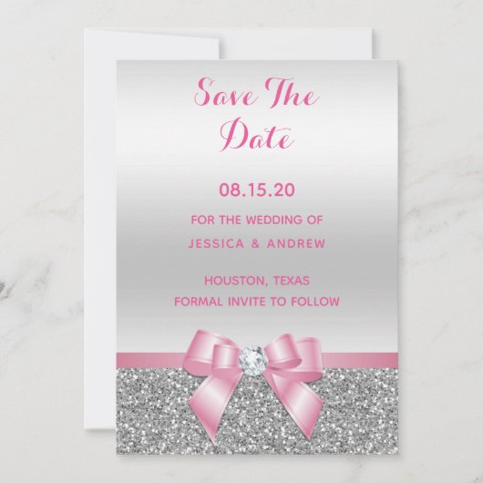 Elegant Romantic roze bow & zilver Glitter Wedding Save The Date (Voorkant)