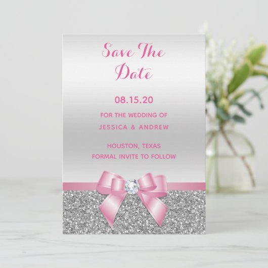 Elegant Romantic roze bow & zilver Glitter Wedding Save The Date (Staand voorkant)