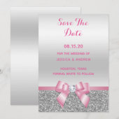 Elegant Romantic roze bow & zilver Glitter Wedding Save The Date (Voorkant / Achterkant)