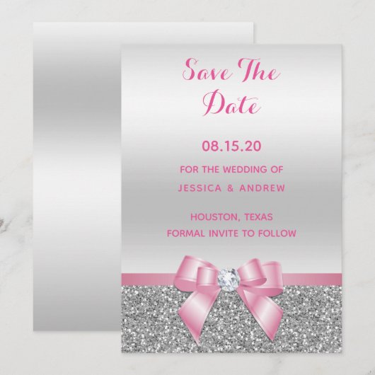 Elegant Romantic roze bow & zilver Glitter Wedding Save The Date (Voorkant / Achterkant)